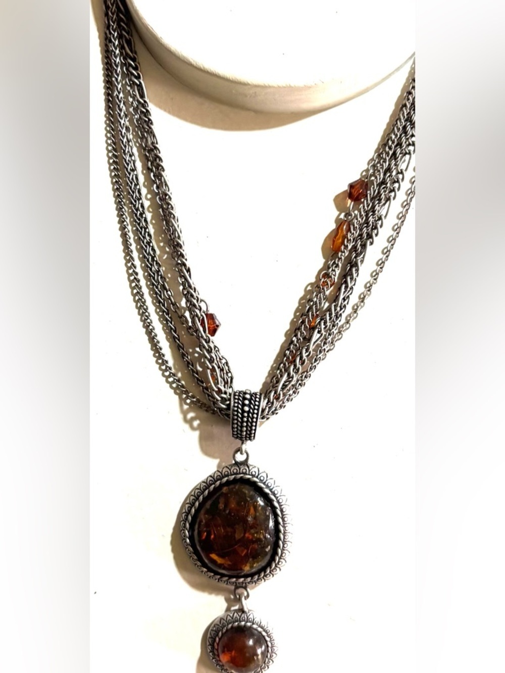 Multi-Strand Silver Tone Necklace with Amber Brown Pendant